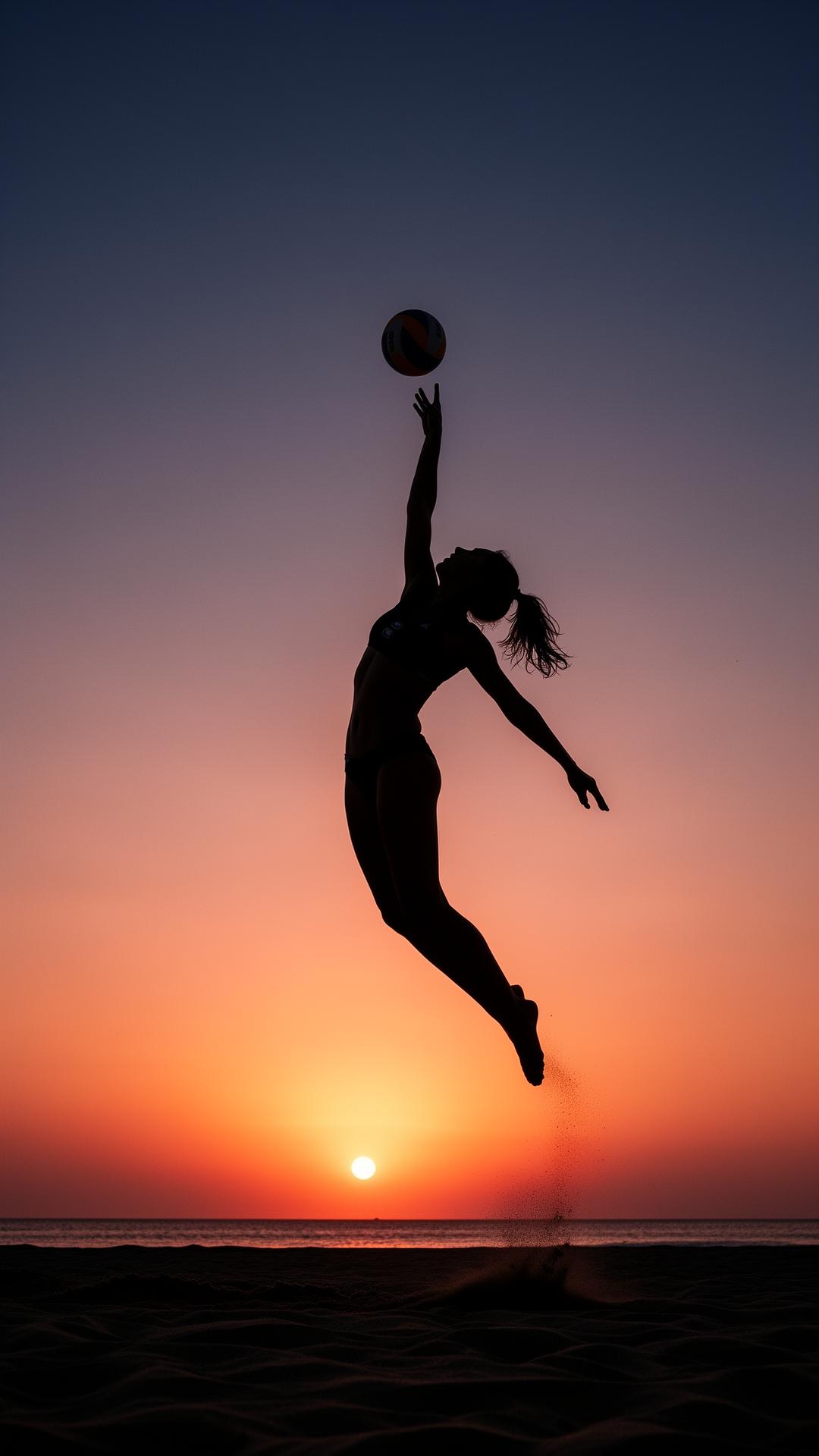 Beach volleyball player silhouette at sunset